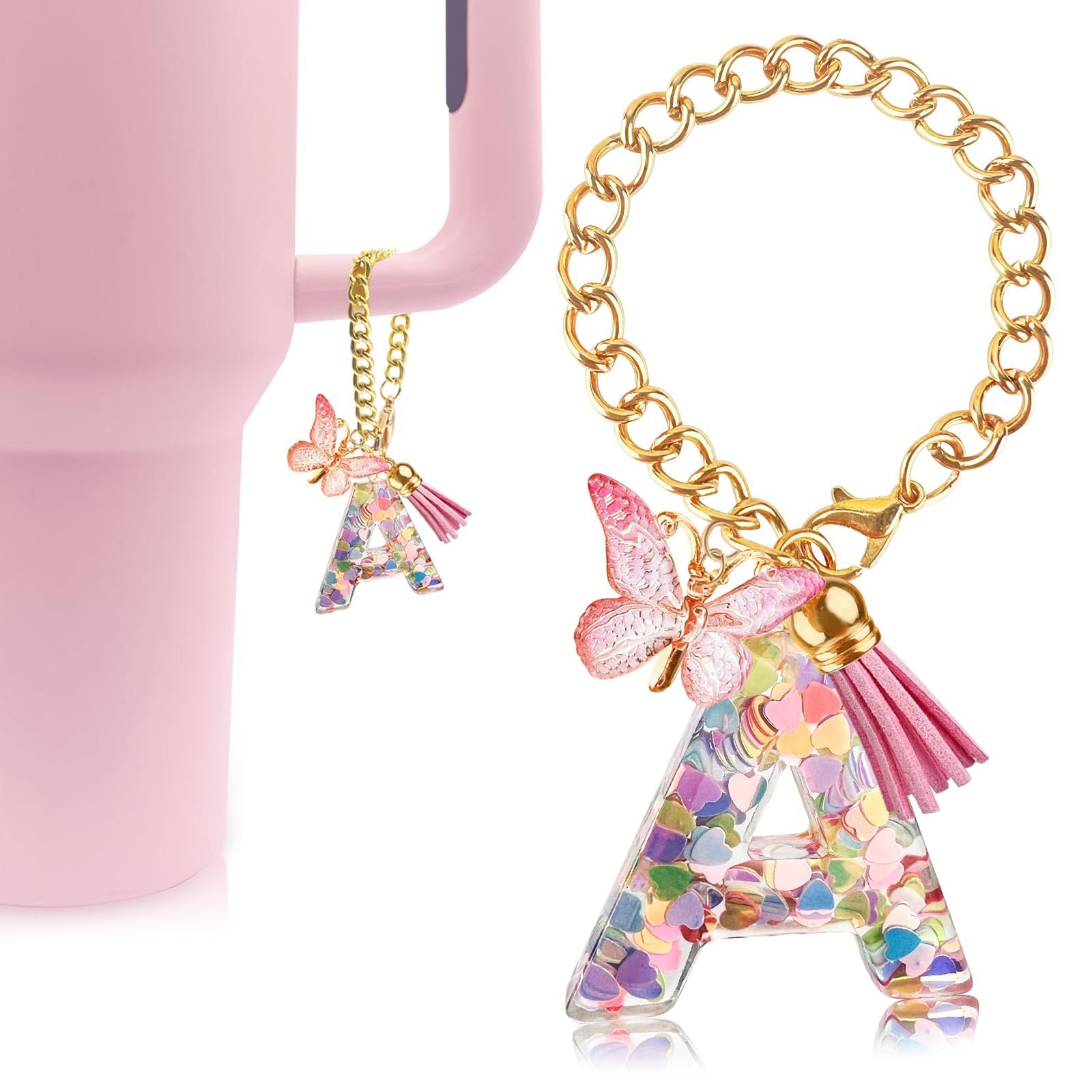 Wholesale 26 Letters Love Glitter Tassel Resin Butterfly Cup Chain Decoration